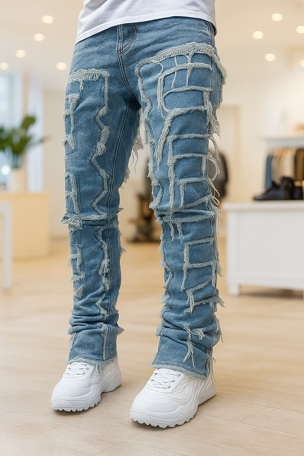 Men’s Slim Fit Distressed Jeans with Patches