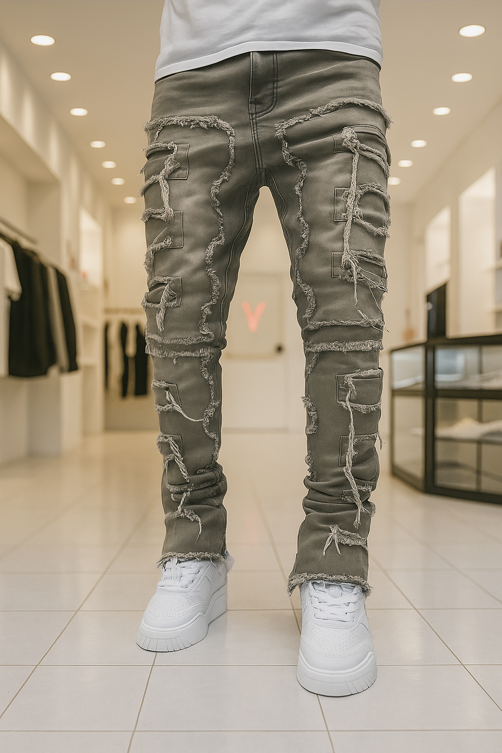 Men’s Slim Fit Distressed Jeans with Patches