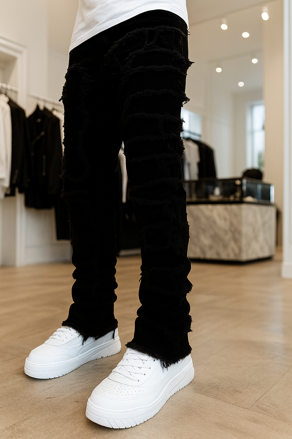 Men’s Slim Fit Distressed Jeans with Patches